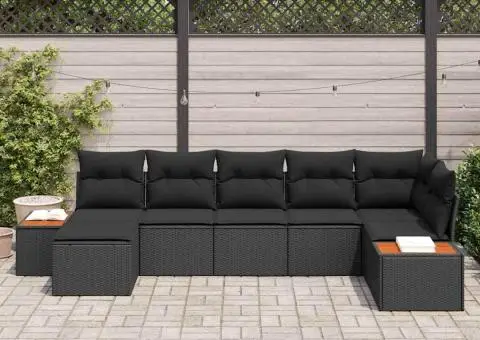 Set de canapea de grădină 7 piese cu perne din poliratan negru și lemn de acacia - 3/5
