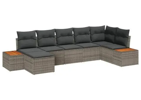 Set de canapea pentru grădină, 7 piese cu perne, ratan gri, acacia - 2/5