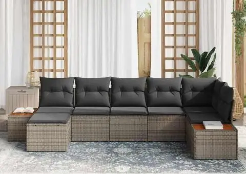 Set de canapea pentru grădină, 7 piese cu perne, ratan gri, acacia - 3/5