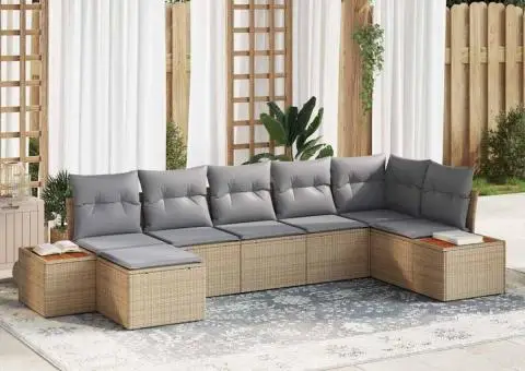 Set canapea grădină 7 piese cu perne din poliratan bej și lemn de acacia - 1/5