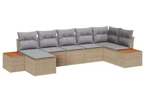 Set canapea grădină 7 piese cu perne din poliratan bej și lemn de acacia - 2/5