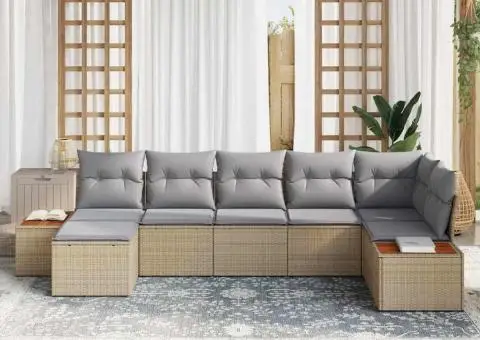 Set canapea grădină 7 piese cu perne din poliratan bej și lemn de acacia - 3/5