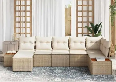 Set de canapea de grădină 7 piese cu perne din poliratan bej și lemn de acacia - 3/5