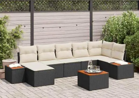 Set de canapea pentru grădină din 8 piese cu perne, poliratan negru, acacia - 1/5