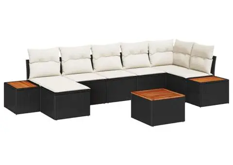Set de canapea pentru grădină din 8 piese cu perne, poliratan negru, acacia - 2/5