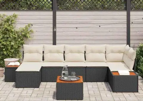 Set de canapea pentru grădină din 8 piese cu perne, poliratan negru, acacia - 3/5