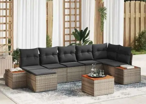 Set canapele grădină, 8 piese cu perne din poliratan gri și acacia. - 1/5