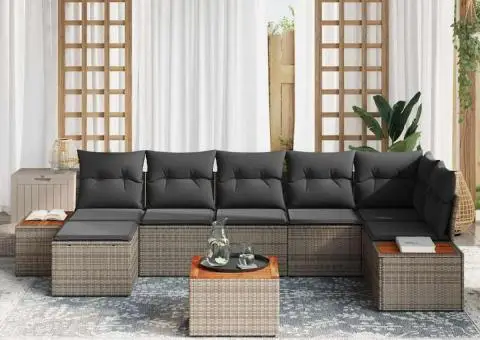 Set canapele grădină, 8 piese cu perne din poliratan gri și acacia. - 3/5