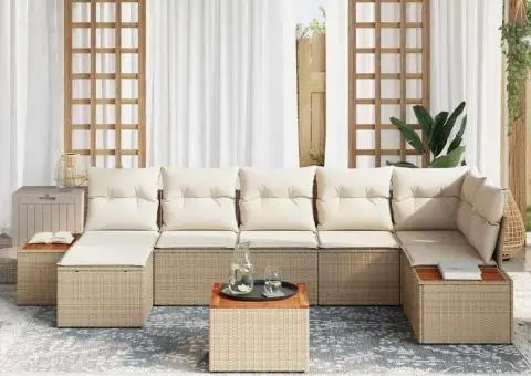 Set canapea grădină, 8 piese, , perne, poliratan bej, acacia - 3/5