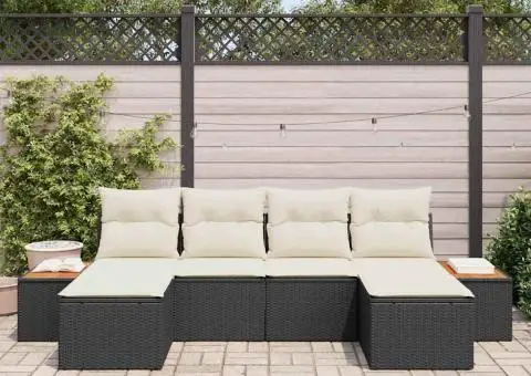 Set de Canapea de Grădină de 6 Piese cu Perne Negru Poliratan Acacia - 3/5