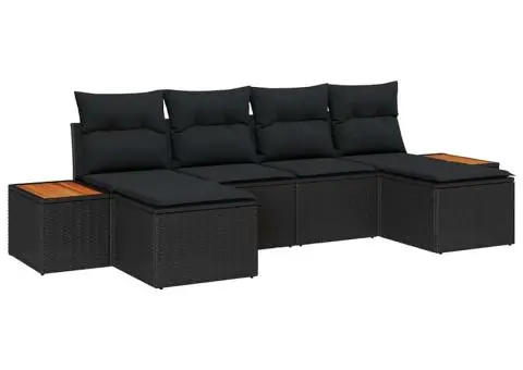 Set canapea grădină 6 piese cu perne, negru, poli ratan, acacia - 2/5