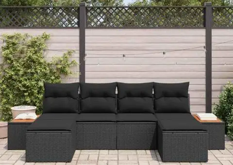 Set canapea grădină 6 piese cu perne, negru, poli ratan, acacia - 3/5