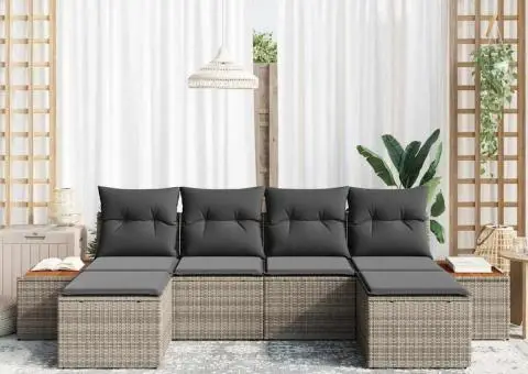 Set de Canapea pentru Grădină de 6 Piese cu Pernă Gri Ratan Poliester - 3/5