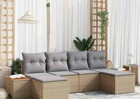 Set de canapea pentru grădină 6 piese cu perne Bej Ratan Poliester Acacia - 1/5