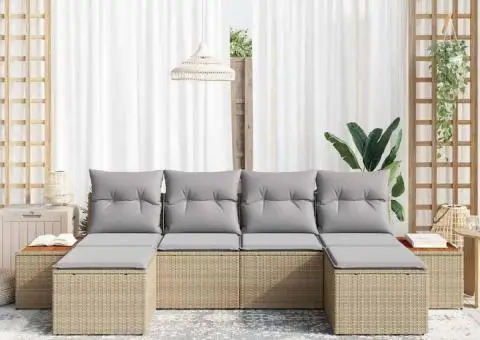 Set de canapea pentru grădină 6 piese cu perne Bej Ratan Poliester Acacia - 3/5