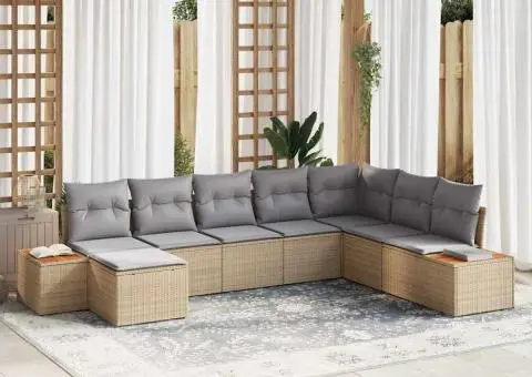 Set de canapea pentru grădină cu 8 piese și perne bej din ratan poliester - 1/5