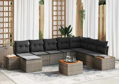 Set canapea grădină cu 9 piese și perne Gri Poliratan Acacia - 1/5