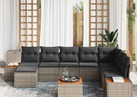 Set canapea grădină cu 9 piese și perne Gri Poliratan Acacia - 3/5