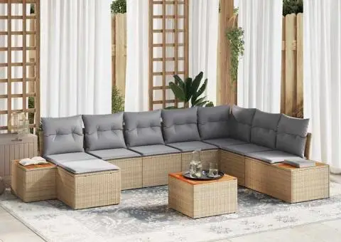 Set canapea grădină 9 piese perne Bej Ratan Acacia - 1/5