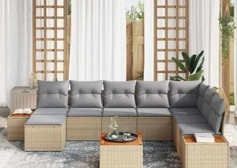 Set canapea grădină 9 piese perne Bej Ratan Acacia - 3/5