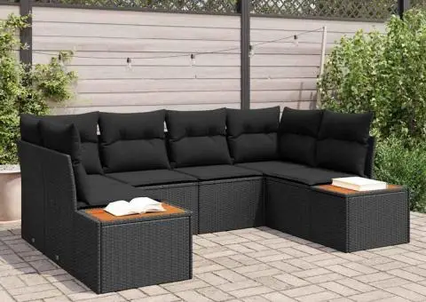 Set de canapea de grădină cu perne, 6 piese, Negru, Ratan Poli, Acacia - 1/5