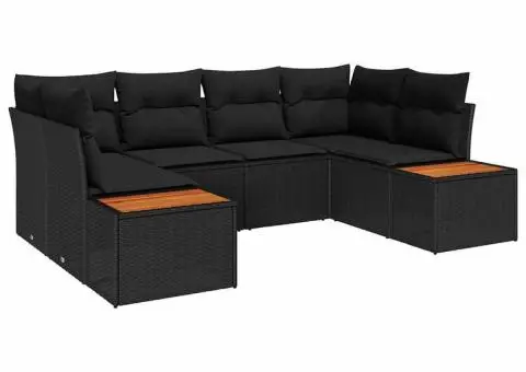 Set de canapea de grădină cu perne, 6 piese, Negru, Ratan Poli, Acacia - 2/5