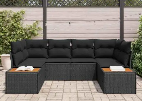Set de canapea de grădină cu perne, 6 piese, Negru, Ratan Poli, Acacia - 3/5