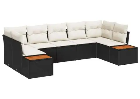 Set de canapea de grădină 7 piese cu perne Negru Poliratan Acacia - 2/5