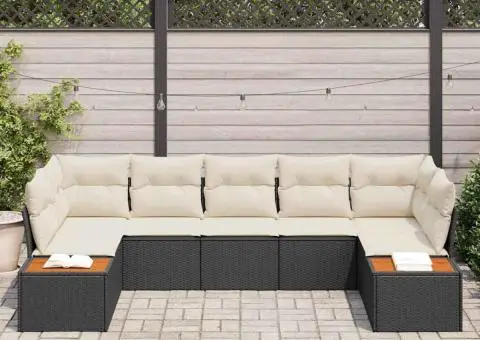 Set de canapea de grădină 7 piese cu perne Negru Poliratan Acacia - 3/5
