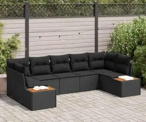 Set canapea grădină 7 piese cu perne Negru Ratan Poliester Acacia