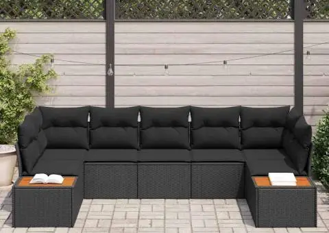 Set canapea grădină 7 piese cu perne Negru Ratan Poliester Acacia - 3/5