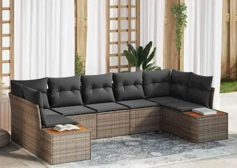 Set Canapea Grădină de 7 Piese cu Perne Gri Ratan Acacia - 1/5