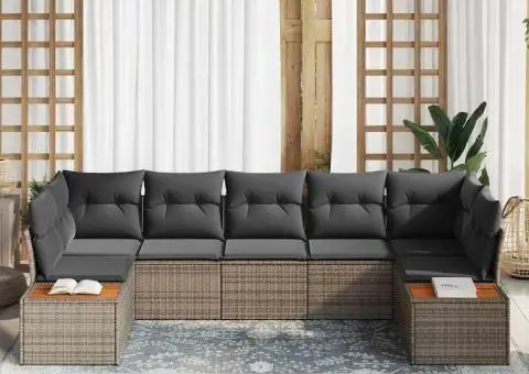 Set Canapea Grădină de 7 Piese cu Perne Gri Ratan Acacia - 3/5