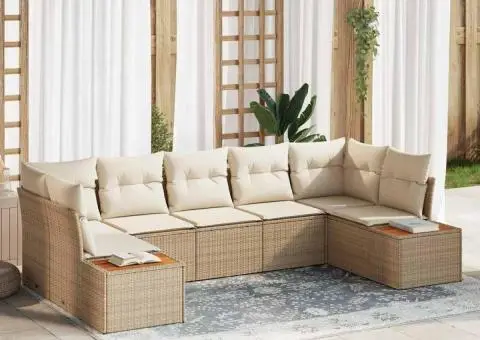 Set de canapea de grădină cu 7 piese și perne bej din ratan poli - 1/5
