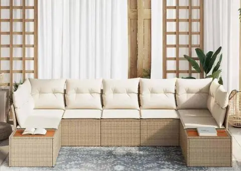 Set de canapea de grădină cu 7 piese și perne bej din ratan poli - 3/5