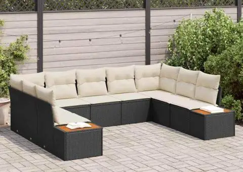 Set de canapea de grădină cu 9 piese și perne - ratan polimer negru și acacia - 1/5