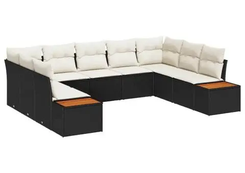 Set de canapea de grădină cu 9 piese și perne - ratan polimer negru și acacia - 2/5