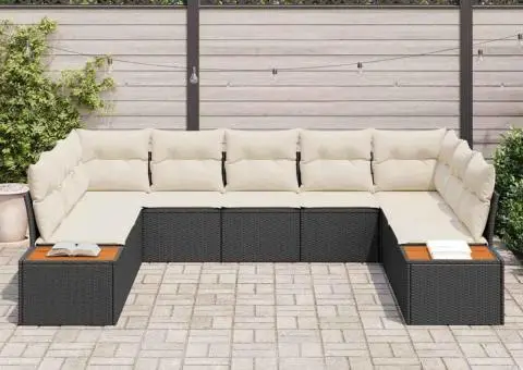 Set de canapea de grădină cu 9 piese și perne - ratan polimer negru și acacia - 3/5