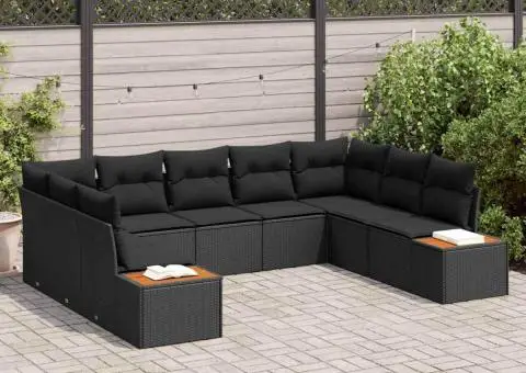 Set de canapea pentru grădină cu 9 piese, perne incluse, din ratan negru și lemn de acacia - 1/5