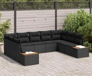 Set de canapea pentru grădină cu 9 piese, perne incluse, din ratan negru și lemn de acacia