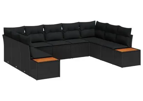 Set de canapea pentru grădină cu 9 piese, perne incluse, din ratan negru și lemn de acacia - 2/5