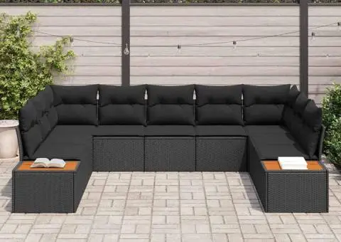 Set de canapea pentru grădină cu 9 piese, perne incluse, din ratan negru și lemn de acacia - 3/5