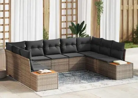 Set de canapea de grădină cu 9 piese și perne gri din poliratan și acacia. - 1/5