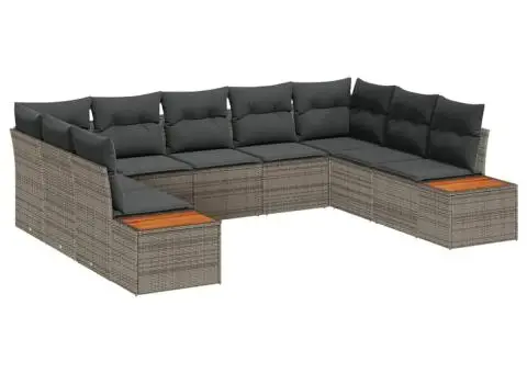 Set de canapea de grădină cu 9 piese și perne gri din poliratan și acacia. - 2/5