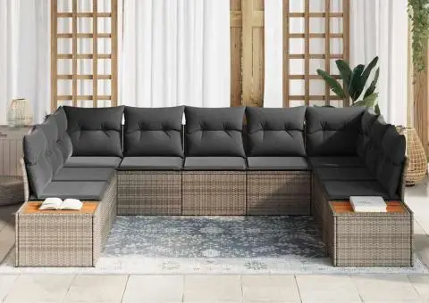 Set de canapea de grădină cu 9 piese și perne gri din poliratan și acacia. - 3/5