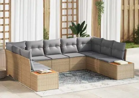 Set de canapea de grădină cu 9 piese și perne bej. Are poliratan și lemn de acacia. - 1/5