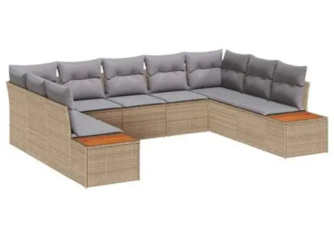 Set de canapea de grădină cu 9 piese și perne bej. Are poliratan și lemn de acacia. - 2/5