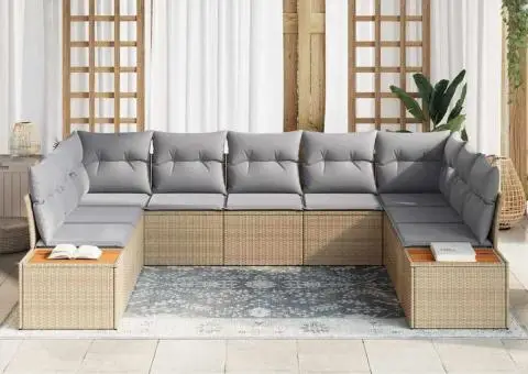 Set de canapea de grădină cu 9 piese și perne bej. Are poliratan și lemn de acacia. - 3/5