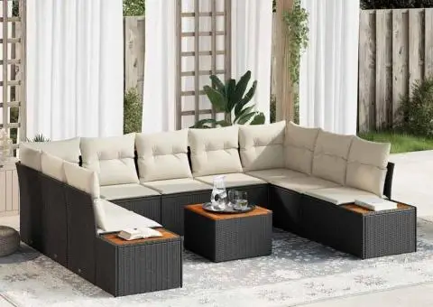 Set canapea de grădină 10 piese cu perne, Poli Ratan negru și Acacia - 1/5