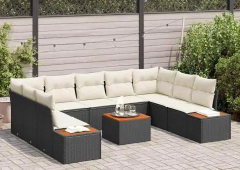 Set canapea de grădină 10 piese cu perne, Poli Ratan negru și Acacia - 3/5